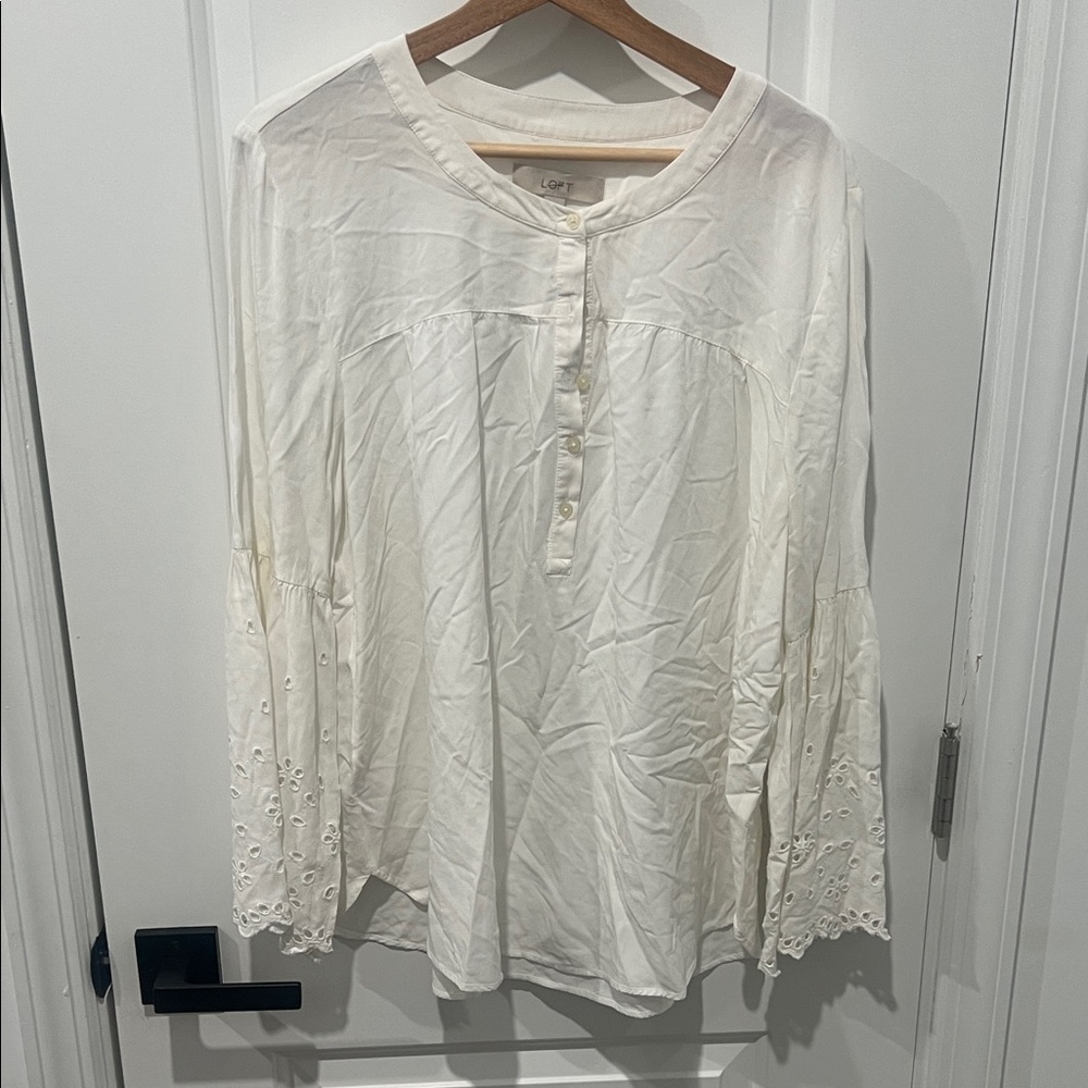 LOFT Cream Blouse with Eyelet Sleeves, Size‎ XL